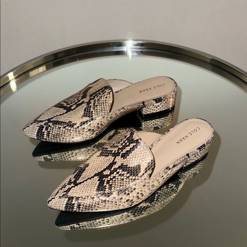 Cole Haan Cream and Black Mules with Snake Print